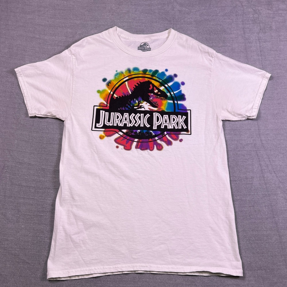Jurassic World Tie‎ Dye Logo Graphic Crew Neck T-Shirt Women Medium White Cotton